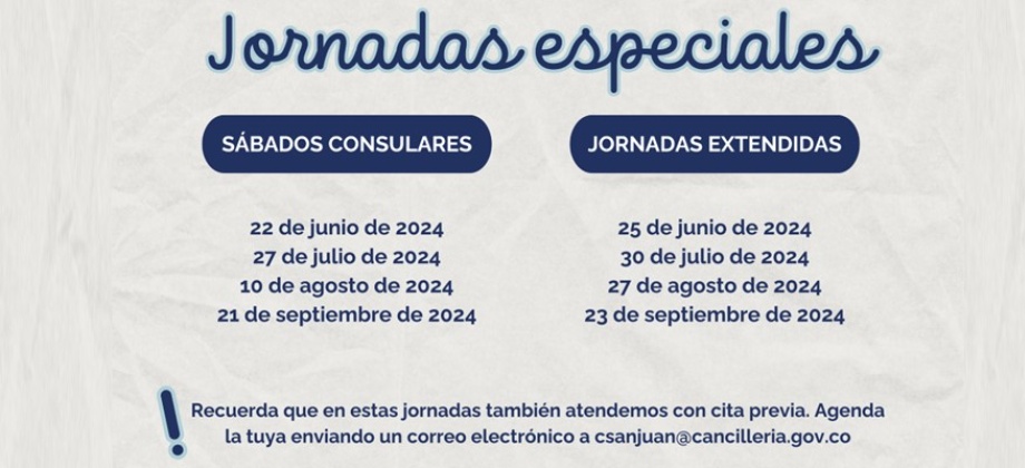 Consulado de Colombia en San Juan publica las jornadas de Sábado Consular y Jornadas Extendidas entre junio y septiembre del 2024