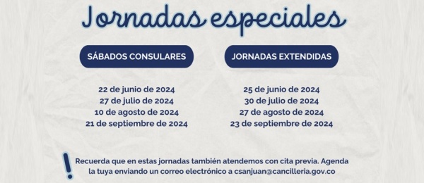Consulado de Colombia en San Juan publica las jornadas de Sábado Consular y Jornadas Extendidas entre junio y septiembre del 2024