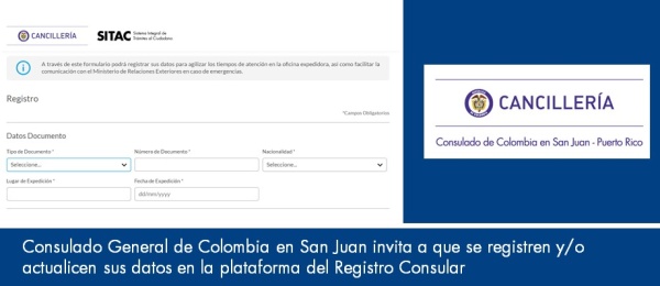 El Consulado General de Colombia en San Juan invita a que se registren y/o actualicen sus datos en la plataforma del Registro Consular
